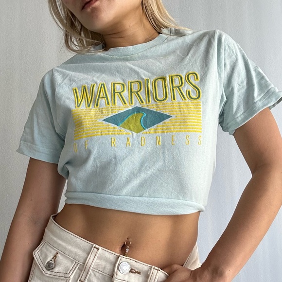Vintage American Apparel So Cal Graphic Short Sleeve Tie Back Crop Tee Turquoise - Picture 1 of 10